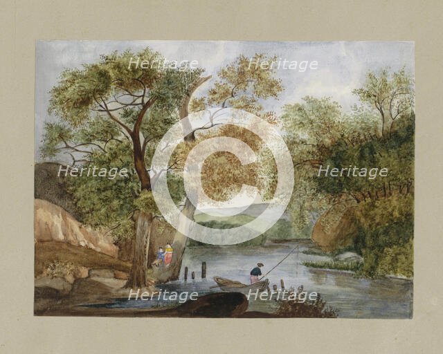 Wooded landscape with a fisherman and two girls, c.1819-c.1870. Creator: Anon.