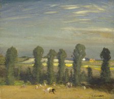 Landscape with hayfield and poplars, probably 1920s. Creator: George Clausen.