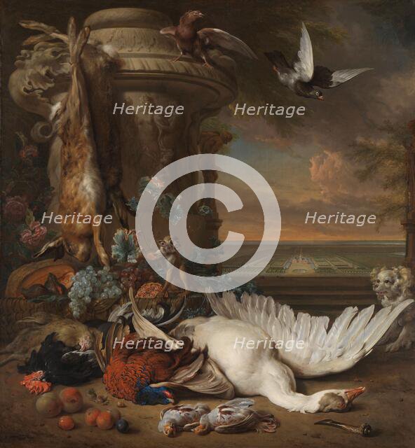 Hunting and Fruit Still Life next to a Garden Vase, with a Monkey, Dog and two Doves..., 1714. Creator: Jan Weenix.