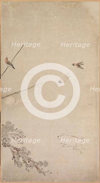 Puppies, Sparrows and Chrysanthemums, 1754-1799. Creator: Nagasawa Rosetsu (Japanese, 1754-1799).