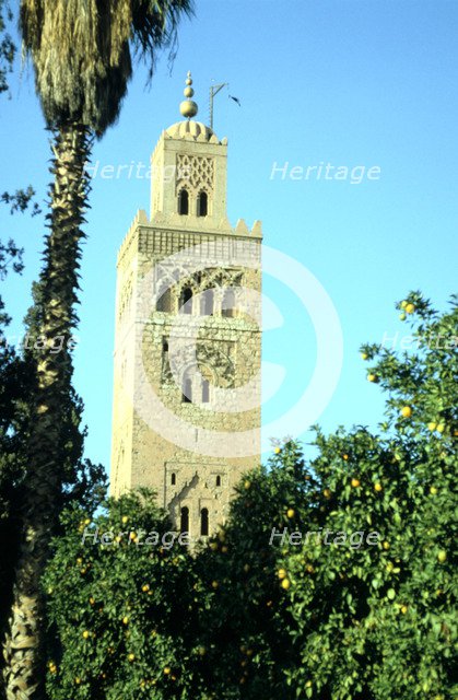 Minaret of the Koutoubia Mosque, Marakesh, Morocco.