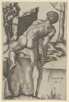 Naked man viewed from behind climbing a river bank, after Michelangelo, ca. 1509. Creator: Marcantonio Raimondi.