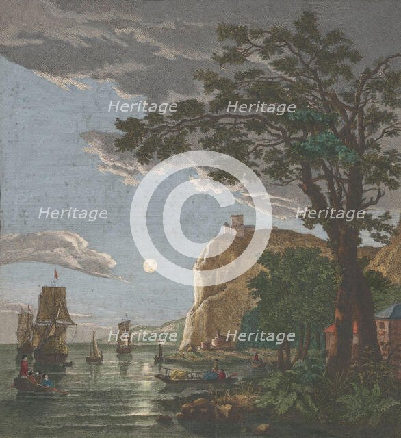 View off the coast with ships and boats on the water in moonlight, 1753-1797. Creators: Pierre François Basan   , Pierre Fouquet, Pierre Jacques Duret.