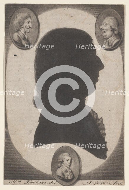 Edward Beetham, bust in profile to right in an oval, with two caricature heads, 1770-1818. Creator: Isaak Jehner.