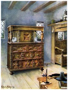 The Putnam Cupboard of English oak and cedar, and carved settle of American oak, 1910.Artist: Edwin Foley