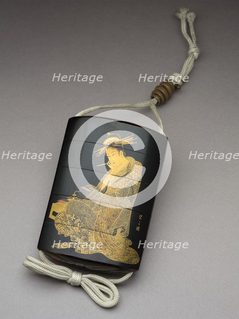 Inro depicting the courtesan Morokoshi of Echizen-ya writing a letter, 19th century. Artist: Shunsho.