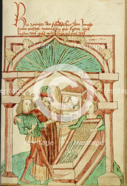 The King Showing his Son-in-Law a Chest of Silver and Gold; Barlaam und Josaphat, 1469. Creators: Hans Schilling, Diebolt Lauber.