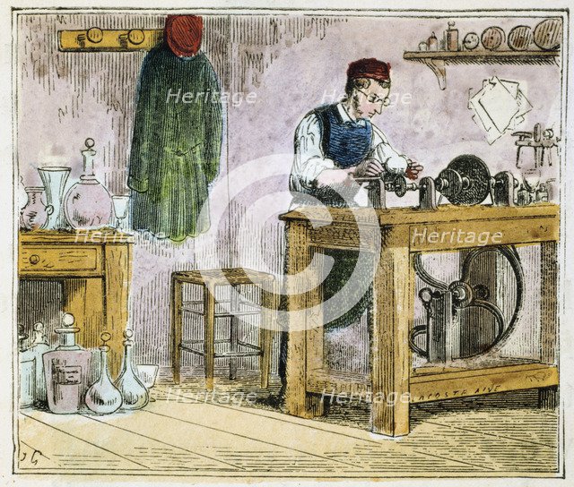 Glass cutter decorating table ware on a carborundum wheel, 1867. Artist: Unknown