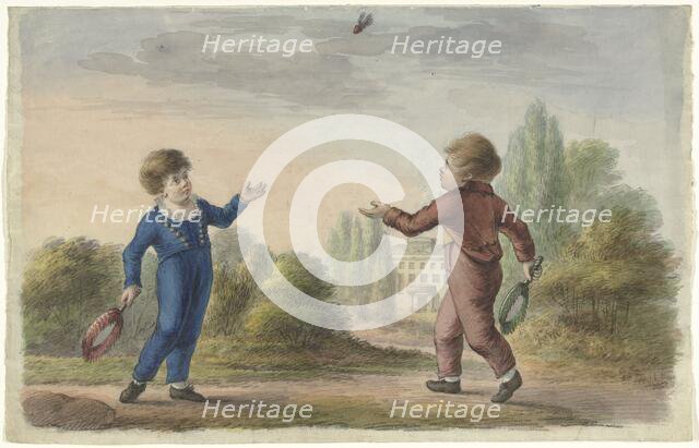 Two boys play badminton, 1700-1800. Creator: Anon.
