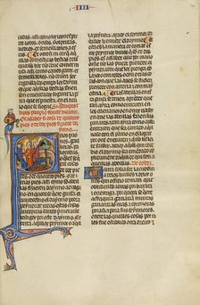 Initial S: A Judge with Two Men Pointing at Two Peacocks; Vidal Mayor, about 1290-1310. Creator: Unknown.