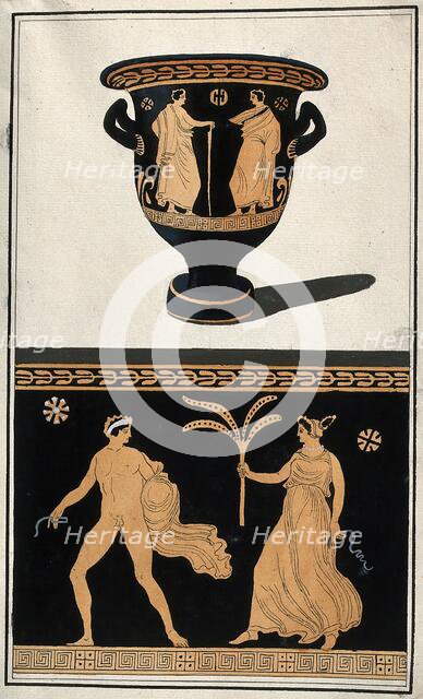 Above, a red-figured Greek wine bowl (krater); below, detail of the decoration showing..., 1760-69. Creator: Augustin Dahlsteen.
