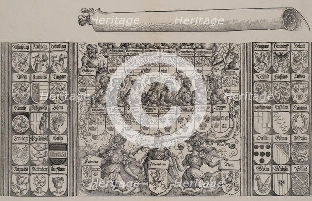 The Lower Portion of the Genealogy of Maximilian; with the Left Edge of the Scroll for the..., 1515. Creator: Hans Springinklee.
