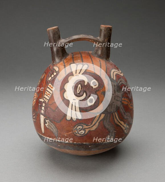 Double Spout and Bridge Vessel Depicting Costumed Performer with Snake Headdress, 180 BC/AD 500. Creator: Unknown.