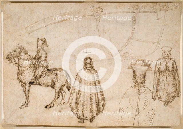 Sketches of the Emperor John VIII Palaeologus, a Monk, and a Scabbard, 1438. Creator: Pisanello.