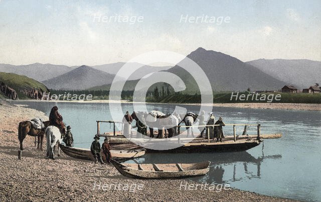 Ferry on the Katun River near the Village of Nizhny Uymon, 1911-1913. Creator: Sergei Ivanovich Borisov.