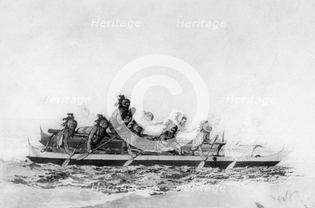 Masked Hawaiians in a double canoe, c1770-1793.  Artist: John Webber