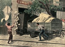 Derailment of train cars, embedded against a house in Jouy en Josas, near Versailles. France. Eng…