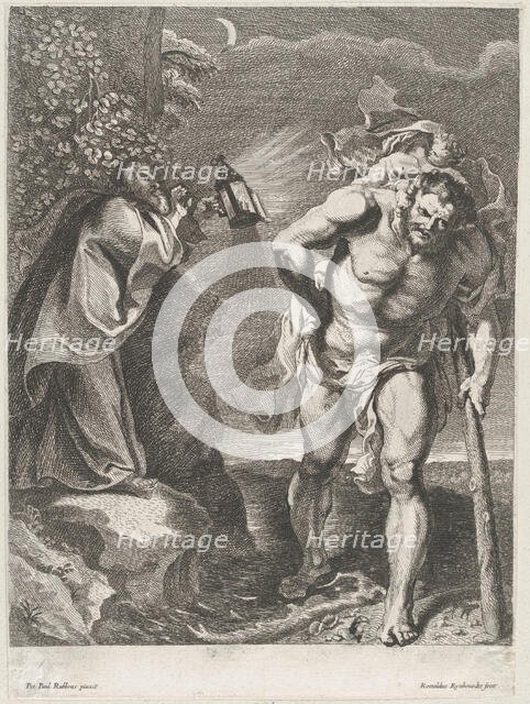 Saint Christopher carrying the Christ child across a stream, another man holding a ..., ca. 1636-80. Creator: Remoldus Eynhoudts.