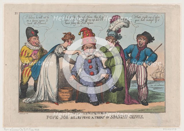 Pope Joe Receiving a Treat of Spanish Olives, August 23, 1808., August 23, 1808. Creator: Thomas Rowlandson.