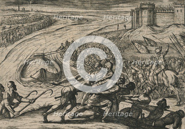 'Een Schip met coren gheladen blyft op een drooghte Sitten; de Duytschen pooghent naer hen te trecke Artist: Antonio Tempesta.