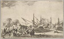 Combat between several rowboats and ships, two groups of men in rowboats fighting to left..., 1639. Creator: Stefano della Bella.