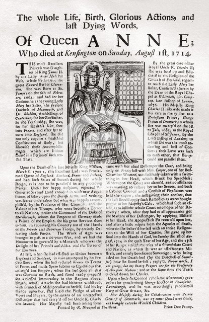 Broadside published on the death of Queen Anne, 1714 (1906). Artist: Unknown