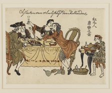 Woodblock print - Two Dutch gentlemen & their ladies making merry over a meal. Artist: Unknown.
