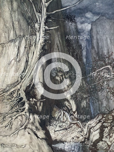 'There is a dread Dragon he sojourns, and in a cave keeps watch over Alberich's ring', 1910.  Artist: Arthur Rackham