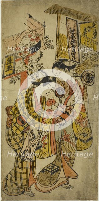 The Actors Sanjo Kantaro II as Osome and Ichikawa Monnosuke as Hisamatsu in the play..., c. 1720. Creator: Okumura Masanobu.