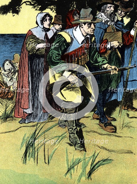 The Pilgrim fathers after arriving in America, 1620 (c1900). Artist: Unknown