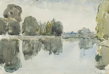 Landscape sketch with a body of water and trees, mid 20th century. Creator: Rodney Burn.