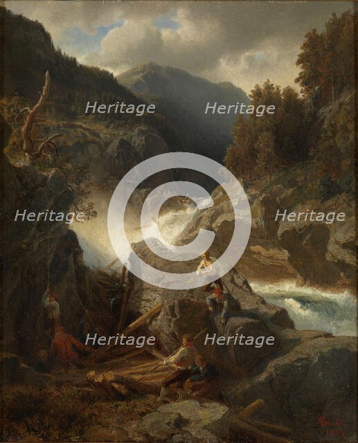 Waterfall with Loggers, 1859. Creator: Hans Gude.