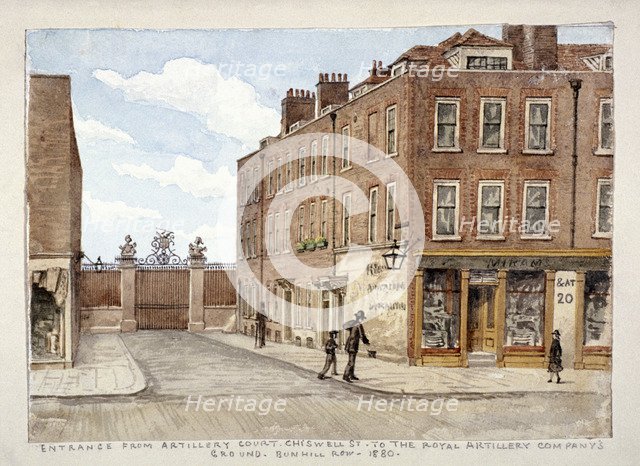 Chiswell Street with entrance to the Royal Artillery Company's ground, Finsbury, London, 1880. Artist: Unknown
