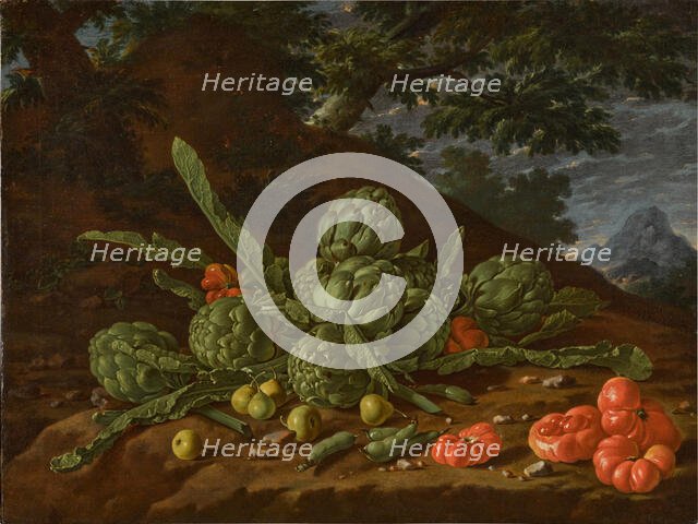 Still Life with Artichokes and Tomatoes in a Landscape. Creator: Meléndez, Luis Egidio (1716-1780).