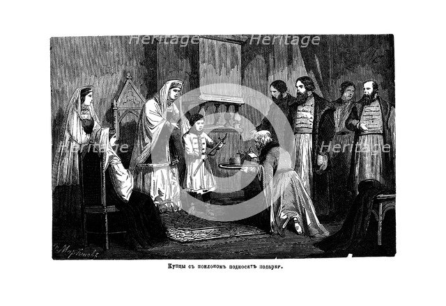 Young Peter the Great receives gifts from the merchants, 1875. Artist: Anonymous  