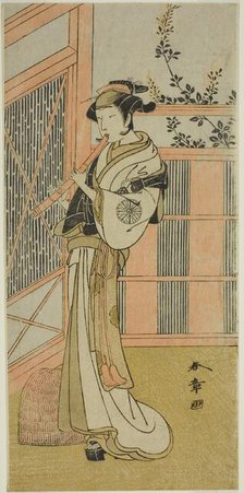 The Actor Nakamura Noshio I as Misao Disguised as a Komuso in the Play Kosode-gura..., c. 1772. Creator: Shunsho.