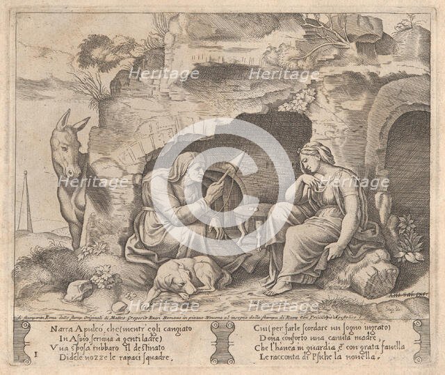 Plate 1: Apuleius changed into a donkey, listening to the story told by the old woman, ..., 1530-60. Creator: Master of the Die.