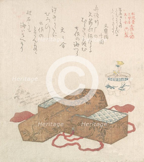 Letter-Box with Letter and Potted Flower, 19th century. Creator: Kubo Shunman.