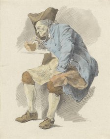 Seated man lights his pipe from a chafing dish, 1795-1857. Creator: Wouter Mol.