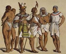 Pharaoh wearing the pschent or double crown with public servants, Old Kingdom, Egypt.  Creator: Unknown.