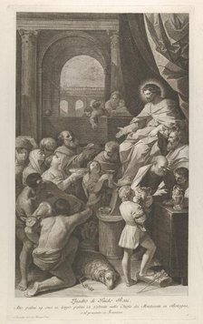 Saint Job seated at right receiving the gifts of the people..., ca. 1760-1800. Creator: Giuliano Traballesi.