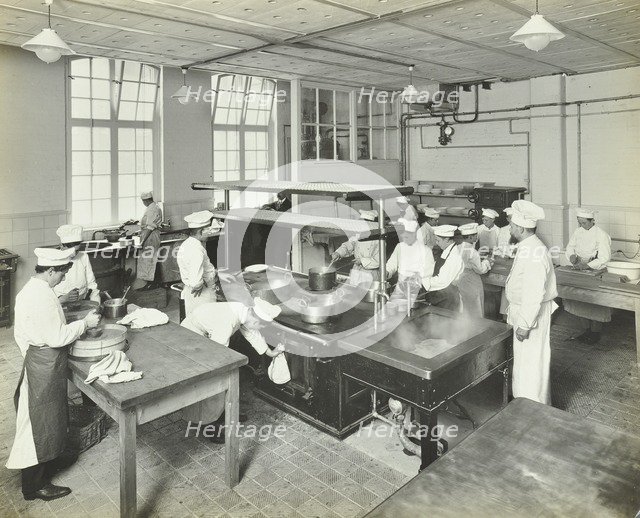 Male cookery students at work in the kitchen, Westminster Technical Institute, London, 1910. Artist: Unknown.
