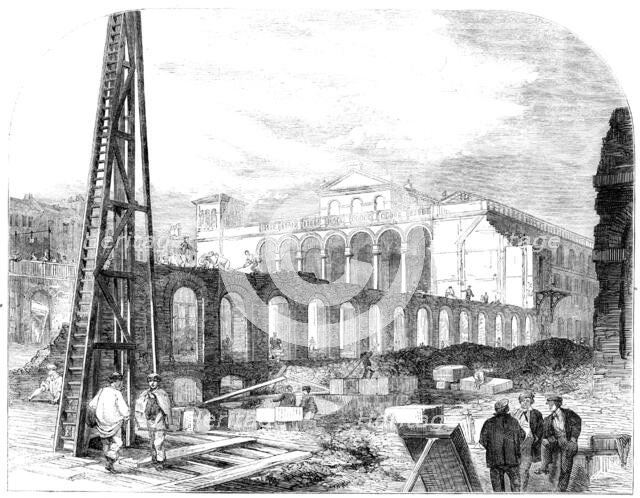 Demolition of Hungerford Market to make room for the Charing-Cross Railway Station, 1862.  Creator: Unknown.