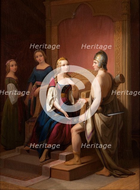 Heimdall returns the Brisingamen to Freya, 1846. Artist: Blommér, Nils Jakob (1816-1853)