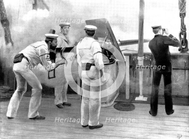 Quick firing practice with a six-pounder Hotchkiss Gun, 1898. Creator: Unknown.