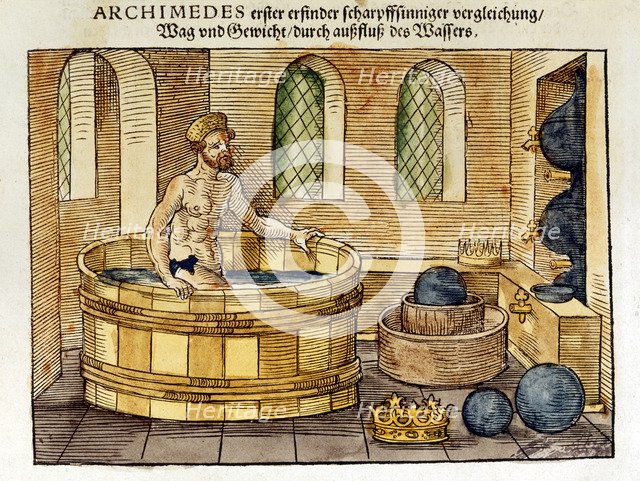 Archimedes in his bath, 1547. Artist: Unknown