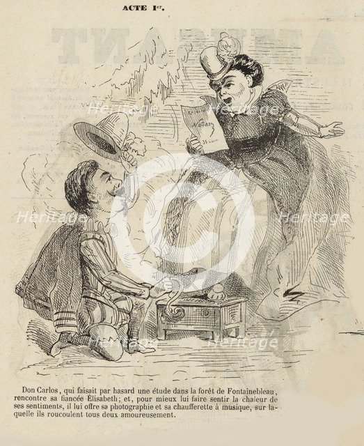 Caricature to the Opera Don Carlos by Giuseppe Verdi. Paris, Théâtre de l'Opéra-Le Peletier, 11.03.1