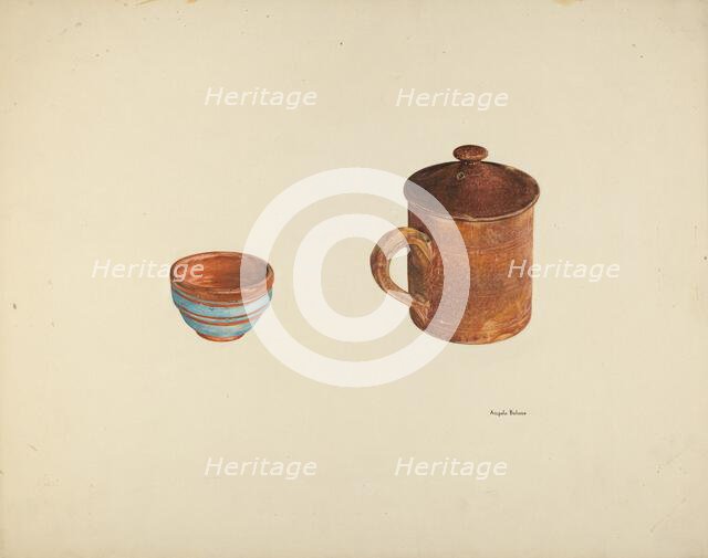 Zoar Dish and Coffee and Cider Cup w/ Lid, c. 1938. Creator: Angelo Bulone.