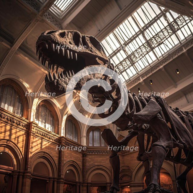 AI IMAGE - Fossilised remains of a Tyrannosaurus rex in a museum, 2023.  Creator: Heritage Images.