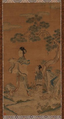 Tapestry: a Daoist female Immortal and attendant under a pine, Ming dynasty, 1368-1644. Creator: Unknown.